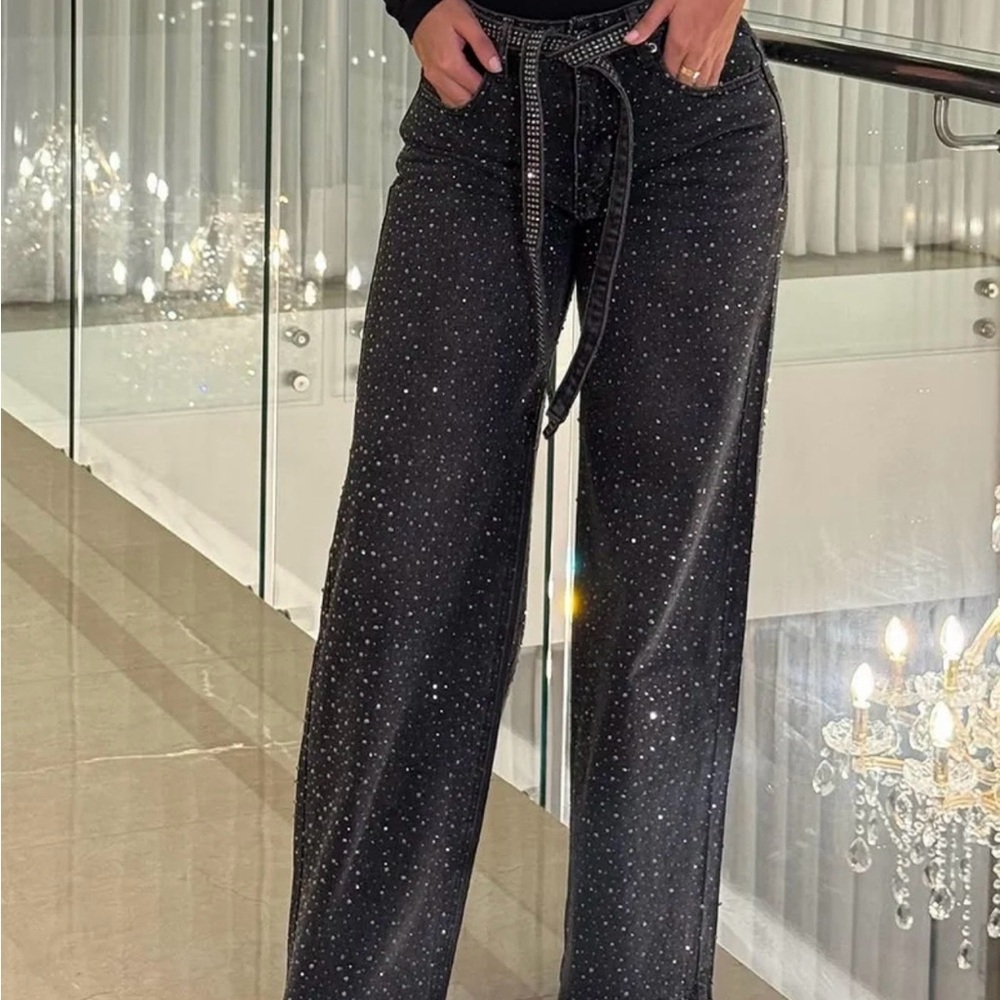 Black Rhinestoned Straight Leg Women's Pants